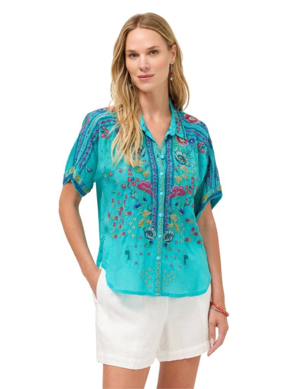 Johnny Was Audrey Short Sleeve Shirt Lunes Ceramic Blue Embroidery Floral Top NW